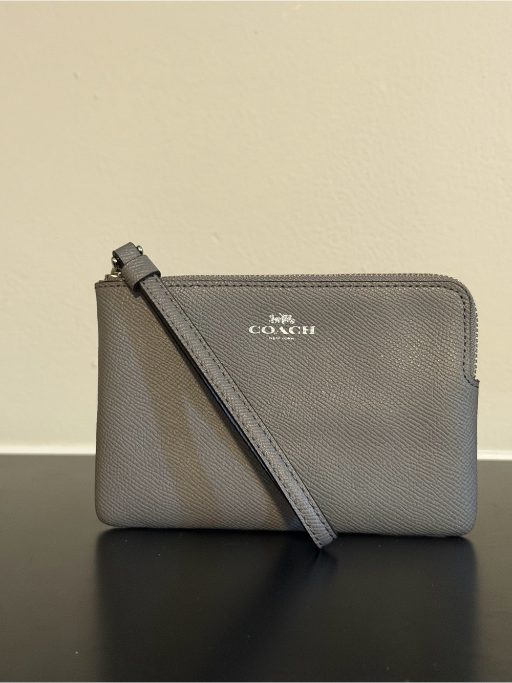 [SOLD] Coach Gray Leather Zip Wristlet with Strap
